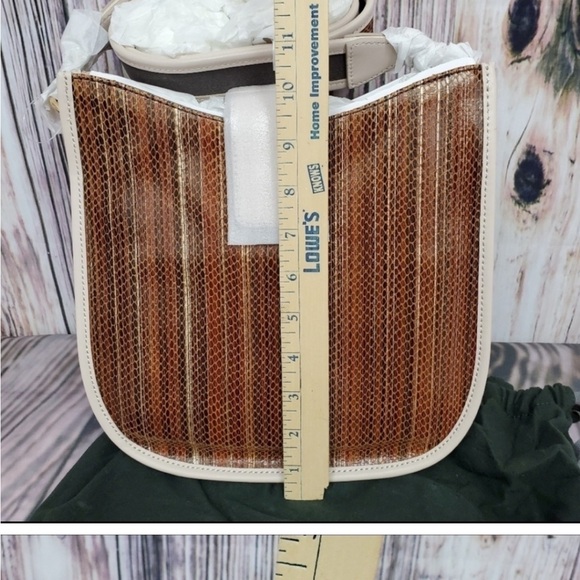 Brown and Cream Crossbody Bag with Wooden Body - Picture 2 of 6